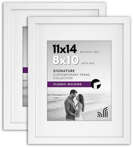 Americanflat 11x14 Picture Frame with Shatter-Resistant Glass - Set of 2 - Use as 8x10 Frame with Mat or Display 11x14 Photo Without Mat - Signature Collection - Picture Frames for Wall - White