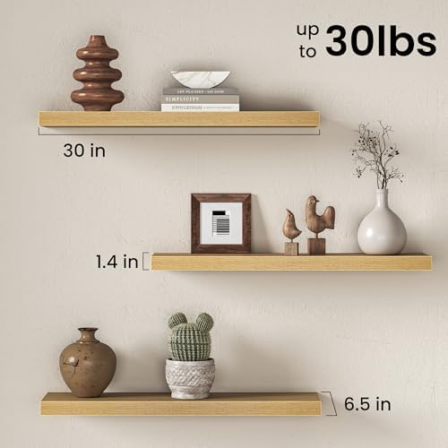 30 Inch Floating Shelves for Wall, Rustic Wood Wall Mounted Deep Storage Shelves with Invisible Brackets, Large Decorative Display Ledge for Living Room Bathroom and Kitchen, Set of 2, Oak