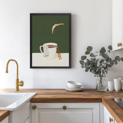 Cyebmo Modern Coffee Wall Art, Funny Diver Wall Decor, Vintage Kitchen Wall Decor, Minimalist Cafe Canvas Painting, Green Abstract Espresso Artwork for Kitchen Cafe Coffee Bar Wood Framed 12x16 Inch
