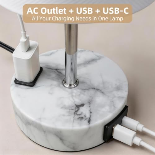 Table Lamp, Dimmable Touch, AC Outlet, USB A+C (White&Marble)