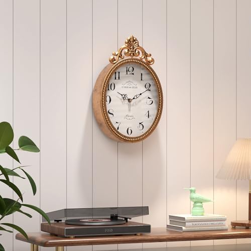 Abdurey Small French Retro Decor Wall Clock,Antique Gold Vintage Oval Style