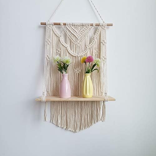 Macrame Wall Hanging Shelf, Wood Hanging Shelf Organizer Hanger, Handmade Cotton Rope Bohomia Woven Home Wall Decor (Flower)
