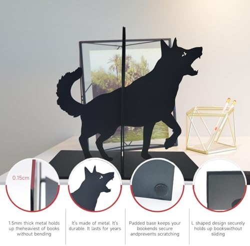 ENCIMART Dog Book Ends Decorative for Shelves, Black Metal Bookend Supports for Heavy Books, Book Stoppers for Home Office Desktop Organizer for Men and Book Lovers Gift