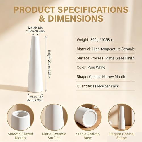 White Ceramic Bud Vase Tall Conic Flower Small Bud Vase Single Stem Vase Home Decorative Floral Vase Centerpiece for Flower and Office Bud Home Wedding Decor