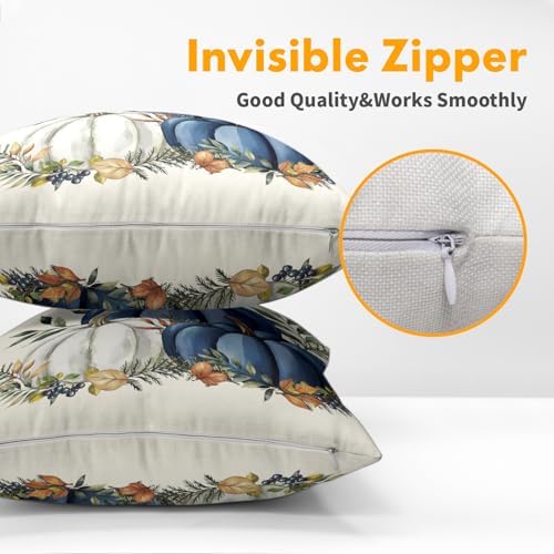 Pumpkins Throw Pillow Covers 18x18 inch Set of 2 Fall Blue and White Pumpkin Pillowcase Autumn Thanksgiving Vintage Outdoor Decorations Cotton Linen Cushion Cover for Home Bedroom Sofa Chair