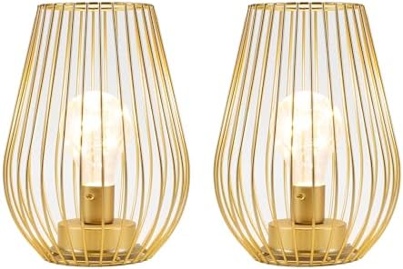 TRIROCKS Metal Cordless Table Lamp - 8'' Tall Set of 2 Cage Shape Battery Operated Lamp with Fairy Lights Bulb for Indoor/Outdoor Use Perfect for Christmas Garden and Weddings (Gold,Set of 2)