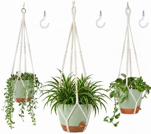 Bouqlife Large Hanging Planters with Macrame Plant Hangers for Indoor Outdoor Plants 3 Set 10" / 8" / 7" Self Watering Pots Hanging Baskets Flower Pot Holders 3 Different Size Green Large