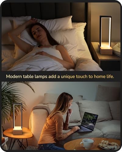 EDISHINE Modern Table Lamp, Dimmable LED Bedside Lamp with 3 Color Temps 3000K 4500K 6000K, Black Square Aluminum Frame, Complete Wooden Base, Nightstand Lamp for Bedroom