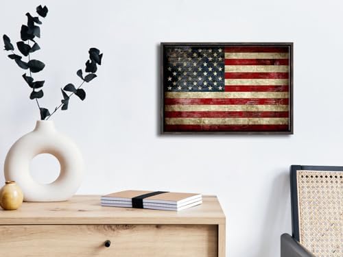 Pyradecor Walnut Framed Wall Art Old Vintage American Flag Canvas Prints Abstract Landscape Pictures Paintings for Living Room Office Home Decorations