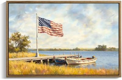 American Flag Framed Canvas Wall Art, 4th of July Patriotic Canvas Prints | USA Flag with Boat Poster Print, Vintage Independence Day Wall Decor for Bedroom Living Room 8×10in