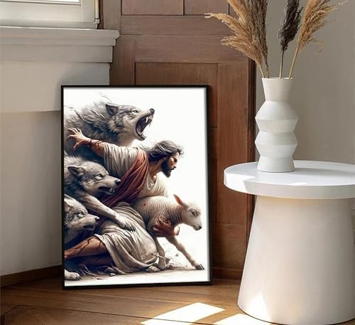 MALEDO Black Framed Jesus and Lamb Canvas Wall Art Jesus Saves the Lost Sheep Christian Picture Wall Decor Shepherd Protect a Lamb from Wolves Painting Poster Print Artwork for Living Room Church