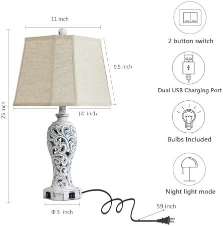 25'' Farmhouse Table Lamps Set of 2 for Living Room with USB C+A