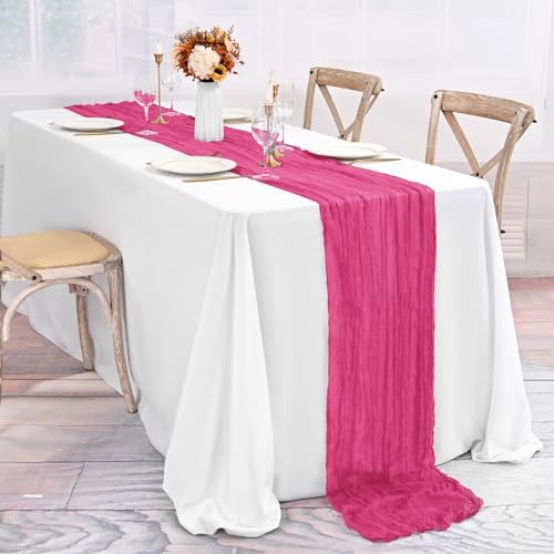 20 Pack Hot Pink Table Runner 10Ft Cheesecloth Table Runner Boho Gauze Table Runners Romantic Long Sheer Fabric Cheese Cloth Table Runners for Wedding Party Bridal Shower(Hot Pink)