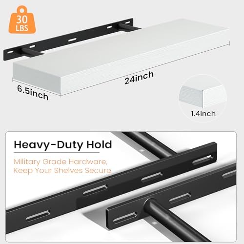 Fun Memories 24 Inch Deep Floating Shelves, Set of 2 Rustic Wood Wall Mounted Shelves with Invisible Brackets, Storage Bookshelf for Living Room, Bathroom, Bedroom and Kitchen, White