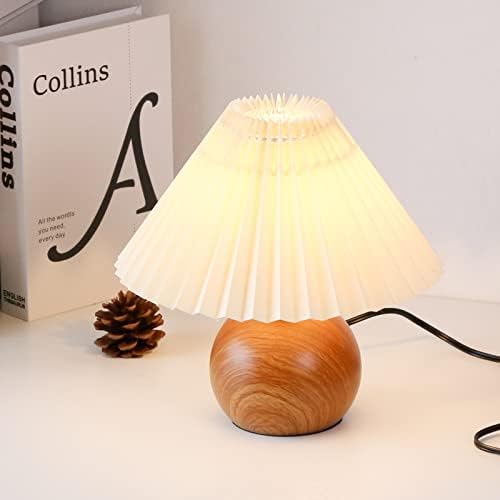 KUNJOULAM Cute Small Pleated Lamp, Modern Bedside Nightstand Light with Beige Lampshade, Wooden Pattern Metal Base Desk Lamp for Bedroom, Home Office, Living Room