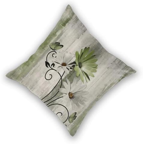 Sage Green Floral Pillow Covers 20 x 20 Inch Set of 2 Daisy Floral Butterfly Decorative Throw Pillow Covers Linen Rustic Farmhouse Cushion Cases for Home Sofa Couch Living Room Decor