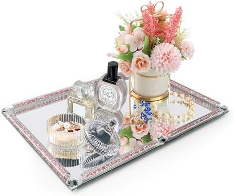 Large Mirror Perfume Tray for Dresser,Pink Crushed Diamond Filled
