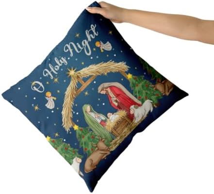 Giwawa Christmas Pillow Covers Pack of 2 16x16 Inch O Holy Night Jesus Nativity Decorative Throw Pillow Cases Xmas Blue Winter Holiday Cotton Soft Cushion Covers for Sofa Couch Patio Season