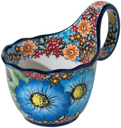 ALMA Handpainted Blue Floral Soup Bowl with Handle, 16oz Loop Handle Bowl