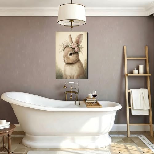 Framed Easter Bunny Rabbit Wall Art 16x24 In, Vintage Wrapped Canvas Poster Prints Wall Decor Rustic Artwork Painting for Bedroom, Living Room,Bathroom Holiday Home Decoration