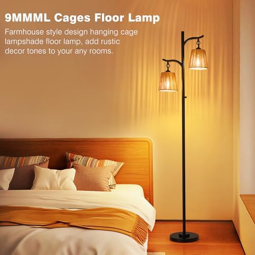 9MMML Rattan Floor Lamp for Living Room, Boho Floor Lamp with 2 Hanging Wicker Lamp Shade, 67'' Farmhouse Dimmable Black Standing Lamp with Rotary Switch for Bedroom, 2 x 800LM LED Bulbs Included