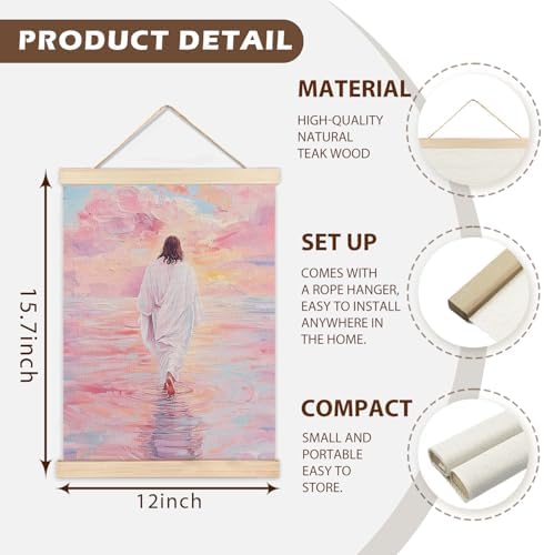 LZYRF Jesus Walking on Water Wall Art Poster Framed, Christian Room Decor, Pastel Christian Religious Jesus Canvas Prints Wall Decor for Home Bedroom Living Room Church, 12x16 Inch