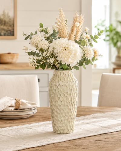 12.4 Inch Large Yellow Textured Ceramic Tall Vase for Rustic Home Decor | For dried flowers and pampas grass on tables, shelves and living room displays