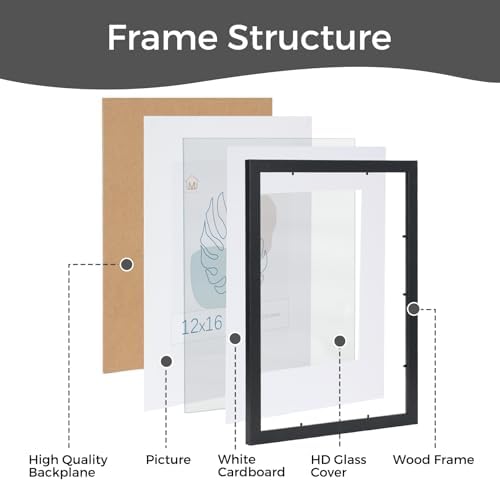 Muzilife Black 12x16 Wood Picture Frame with Mat, Real Glass Cover, 1 Pack