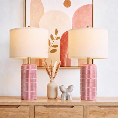 PoKat 23" Ceramic Table Lamps for Living Room, Farmhouse Bedside Lamps Set of 2 for Bedroom, Rustic Nightstand Lamps for Office Sideboard Entryway Hallway Decor Gifts (Matte Red)