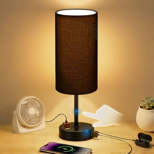 Bedside Table Lamp, Dimmable Touch, AC Outlet, USB A+C (Black)