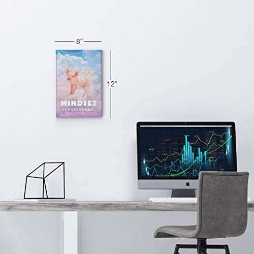 Smile Art Design Mindset is Everything Cute Pig with Wings Flying in Sky Motivational Canvas Wall Art Inspirational Wall Art Entrepreneur Quote Print Office Living Room Decor Gift Ready to Hang 17x11