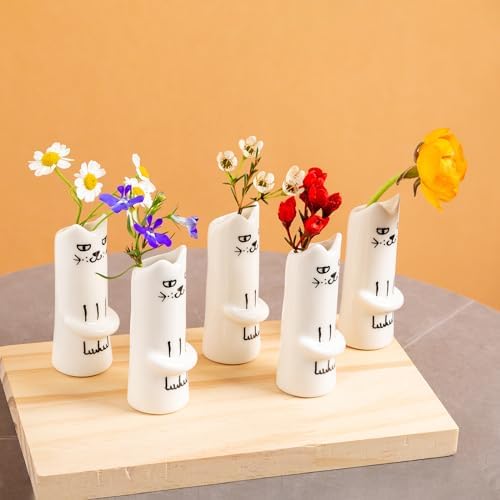 Set of 5 Cat Flower Vase Bud Ceramic Small Cute Mini Handmade Decor | Unique Modern Tiny Wedding Party Birthday Gift - Bulk Trendy Pretty Little Vases