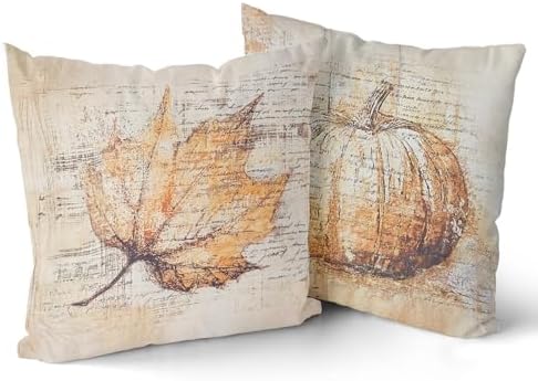 Giwawa Autumn Pillow Covers Set of 2 18x18 Inch- Vintage Fall Pumpkin Maple Leaf Decorative Cotton Throw Pillow Cases- Rustic Farmhouse Thanksgiving Cushion Covers for Sofa Porch Bed Season