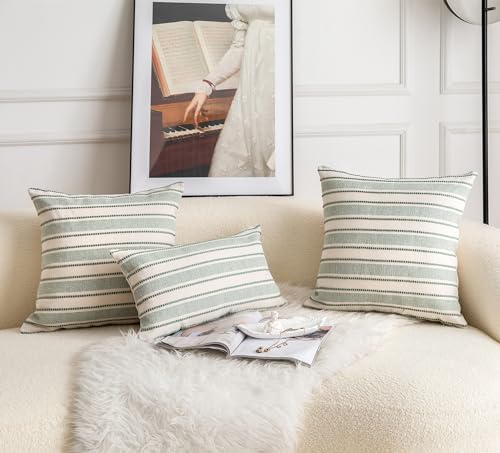 Cethom Decorative Boho Throw Pillow Covers, Farmhouse Textured Pillow Case, 18 x 18 Inch Set of 2, Chair Sofa Bedroom Living Room Home Decor Couch Cushion Case, Green and Beige Striped