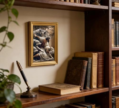 Vintage Gold Framed Jesus and Lamb Wall Art Jesus Saves the Lost Sheep Christian Canvas Prints Shepherd Protect a Lamb from Wolves Picture Religious Painting Poster Artwork for Living Room Church