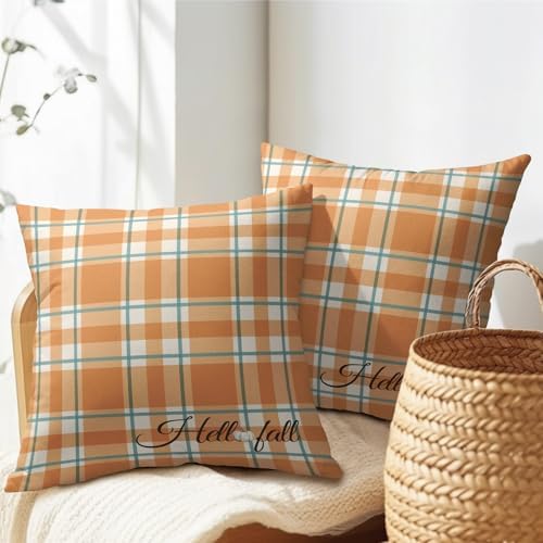 Orange Stripe Fall Throw Pillow Cover 20x20 Inch Set of 2 Hello Fall Stripes Buffalo Plaid Decorative Pillow Protector Pumpkin Autumn Thanksgiving Outdoor Cushion Case for Home Sofa Porch