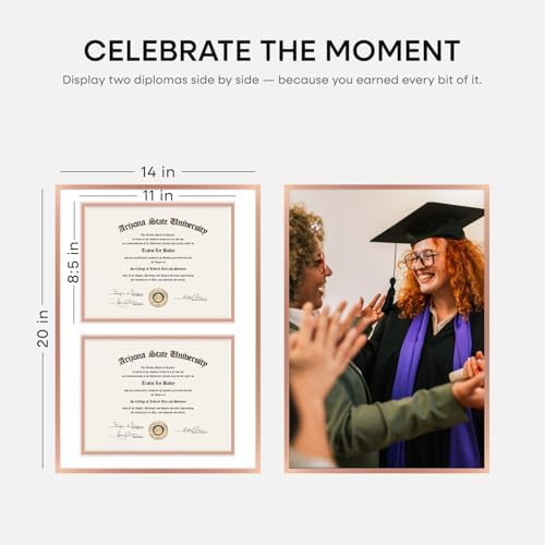 Homeforia 14x20 Rose Diploma Frame, High-End Metal, 8.5x11 Mat, Glass