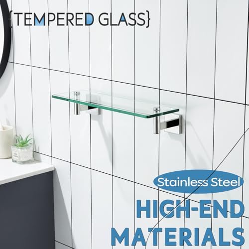 KOKOSIRI Bathroom Shelves Wall Mounted Floating Glass Shelf Polished Stainless Steel 16-Inch Small Hanging Rack for Storage/Room Decor B1105CH-L16