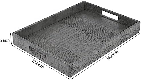 HofferRuffer Rectangle Serving Tray with Hole Handles for Coffee Table, Breakfast, Tea, Food, Butler - Countertop, Kitchen, Vanity Serve Tray, 16.2 x 12.2 x 2 inches, Faux Leather Tray (Dark Grey)