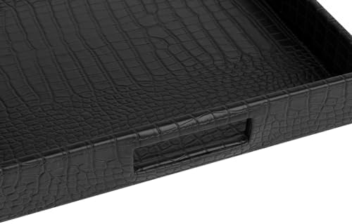 HofferRuffer Rectangle Serving Tray with Hole Handles for Coffee Table, Breakfast, Tea, Food, Butler - Countertop, Kitchen, Vanity Serve Tray, 16.2 x 12.2 x 2 inches, Faux Leather (Black Croco)