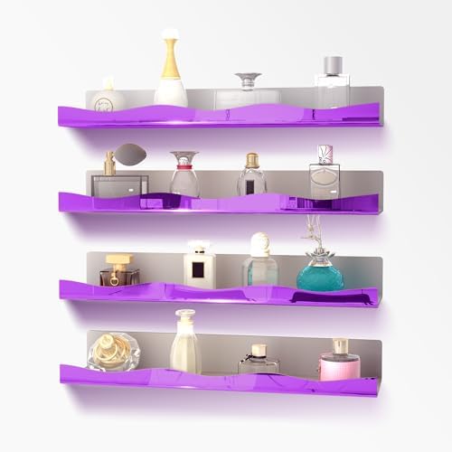 YMVV 15.7 in Large Purple Reflective Acrylic Mounted Floating Shelf, Perfume Organizer Shelf, Modern Bathroom Storage Toy Display Organizer Decor 4 Pack