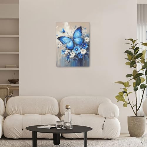 Crekviy Blue Butterfly Flower Wall Art Vintage Butterfly Pictures Wall Decor Canvas Prints Painting Artwork Decoration Girls Gifts for Bedroom Bathroom Living Room Framed 12"x16"