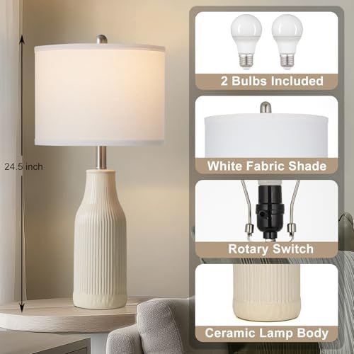 24.5" Ceramic Table Lamps Set of 2, Modern Farmhouse Bedside Lamps for Bedroom Nightstand, Small Table Lamp for Living Room End Table, Beige (2 LED Bulbs Included)