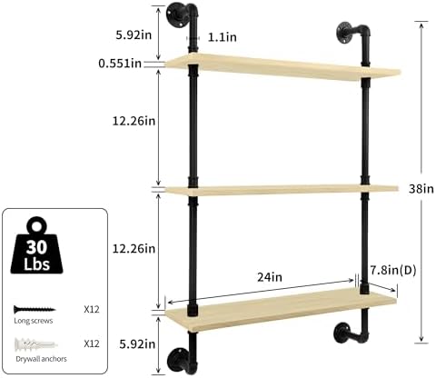 3-Tier Industrial Pipe Floating Shelf – Rustic 24 inch Wood Wall-Mounted Storage Shelf for Kitchen Office,Bathroom & Home Decor -White Oak