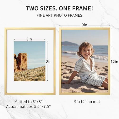 Fun Memories 9x12 Metal Picture Frame- 9x12 Aluminum Photo Frames with 6x8 Mat, High-Definition Plexiglass Front, and Hanging Hardware - Ideal for Wall or Tabletop Display (Gold, Pack of 1)