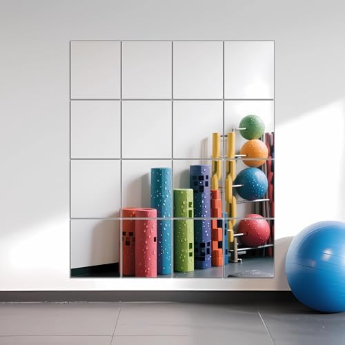 Ruomeng Home Gym Mirrors 14" x 12" x 16Pcs Wall Mounted Mirror Glass Frameless Full Length Mirror Tiles for Home Gym, Bedroom, Door & Bathroom | Workout Mirror Tiles for Garage, Bedroom, Living Room, Over The Door, Frameless Mirror Sets