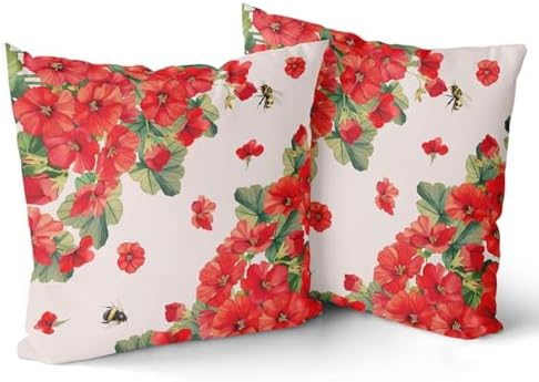 Giwawa 2PCs Geranium Throw Pillow Covers, 20"x20" Spring Summer Red Floral Bees Decorative Cotton Pillow Cases, Watercolor Flower Blossom Square Cushion Cover Sofa Couch Porch Living Room
