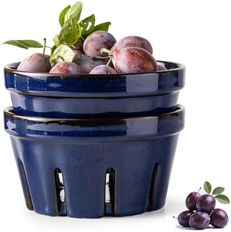 Gomakren Ceramic Berry Basket Set of 2, Fruit Bowl with Holes, Cobalt Blue