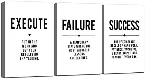 Framed Canvas Wall Art Success Quote, Office Wall Art, Black Large Poster, Positive Motivational Set of 3 Prints, Execute Failure Definition, Inspirational Print (D-3pcs,20x30inchx3pcs)