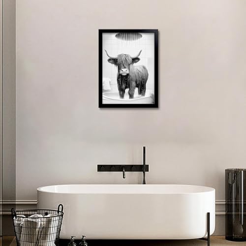 OIQArtOIQ Funny Bathroom Framed Wall Art Black and White Animal Canvas Wall Art Prints Highland Cow Shower Pictures Wall Decor Modern Minimalist Humorous Artwork For Restroom